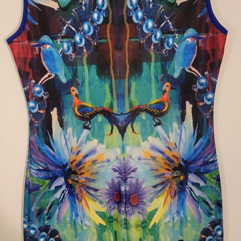 Mackenzie Mode Dress Small Psychedelic Butterfly Floral Bodycon Sheath Glam Rock - Picture 7 of 10